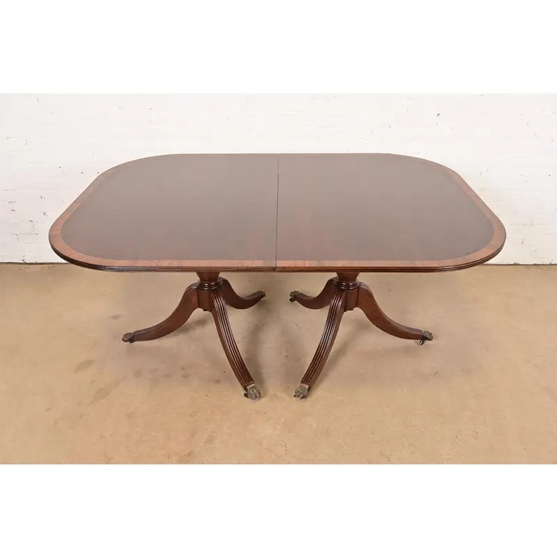 Baker Furniture Style Georgian Banded Mahogany Double Pedestal Extension Dining Table, Newly Refinished - Image 7
