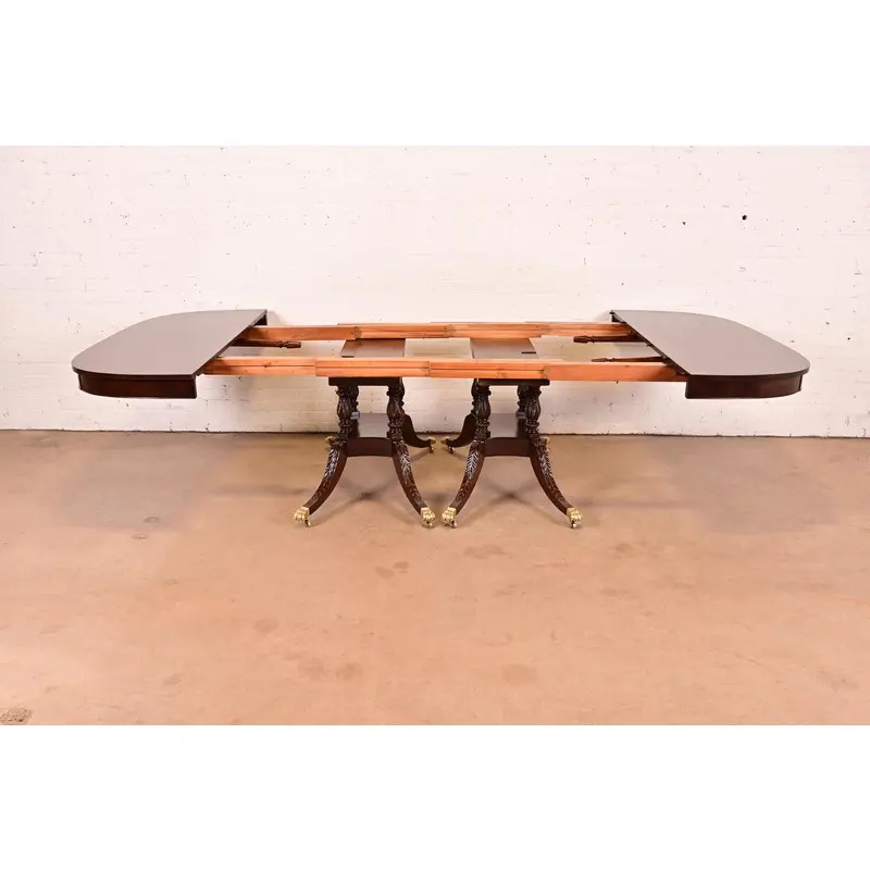 Baker Furniture Style Georgian Mahogany Double Pedestal Extension Dining Table, Newly Refinished - Image 7