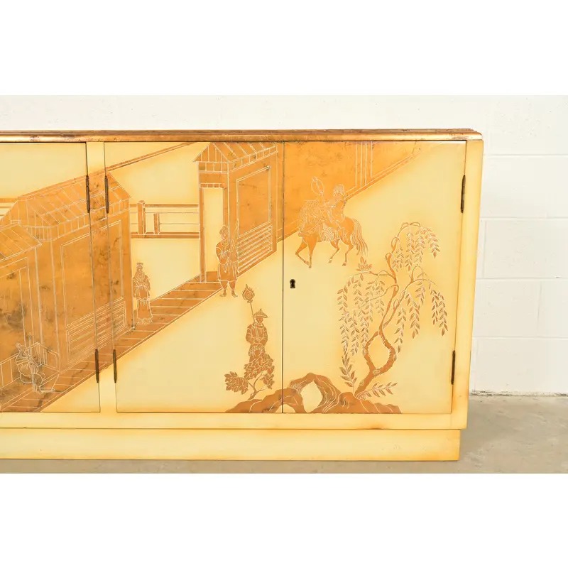Baker Furniture Style Hollywood Regency Chinoiserie Hand-Painted Cream Lacquered Sideboard Credenza, Circa 1970s - Image 7