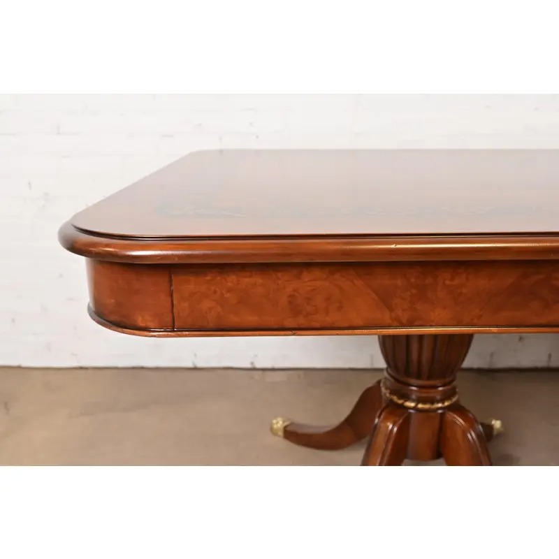Baker Furniture Style Italian Regency Inlaid Banded Burl Wood Double Pedestal Dining Table, Newly Restored - Image 7