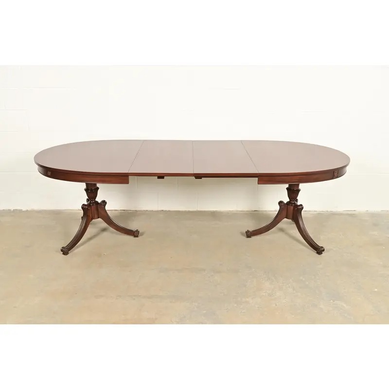 Baker Furniture Style Regency Mahogany Double Pedestal Extension Dining Table, Newly Refinished - Image 7