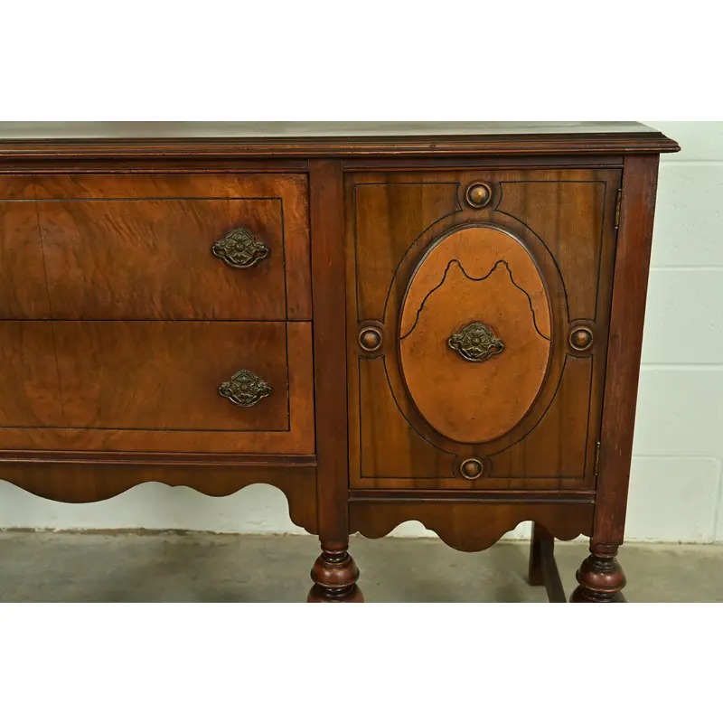 Berkey & Gay Style Antique English Jacobean Carved Walnut and Burl Wood Sideboard, Circa 1920s - Image 7