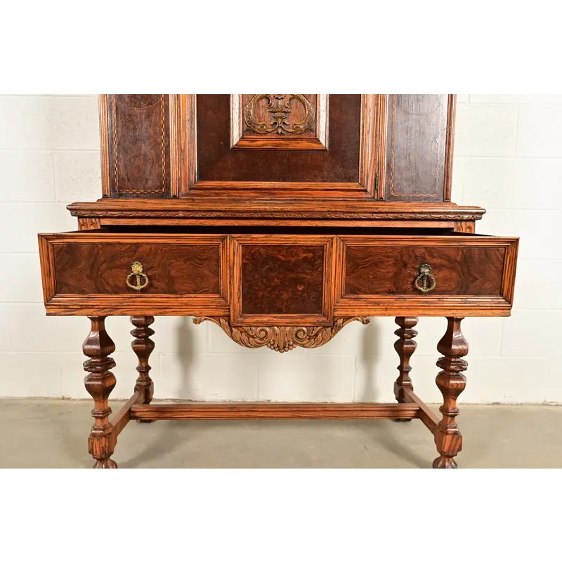 Early Romweber Antique English Jacobean Carved Oak and Burl Wood Bar Cabinet, Circa 1900 - Image 7