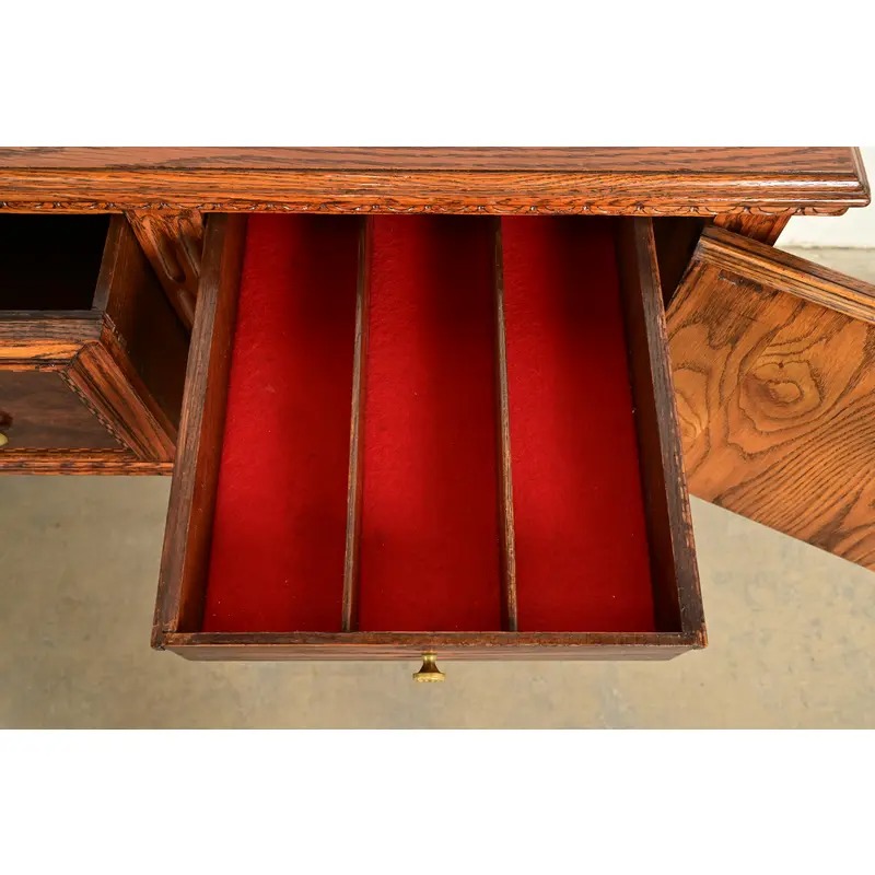 Early Romweber Antique English Jacobean Carved Oak and Burl Wood Sideboard, Circa 1900 - Image 7