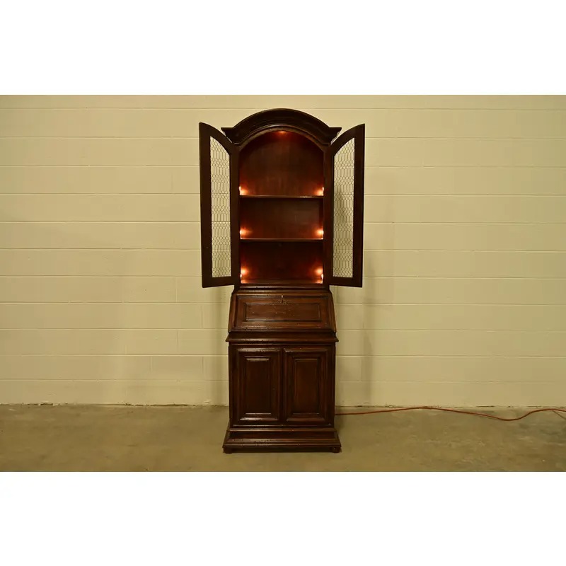 Guido Zichele Style Italian Provincial Carved Walnut Drop Front Secretary Desk With Lighted Bookcase Hutch, Circa 1970s - Image 7