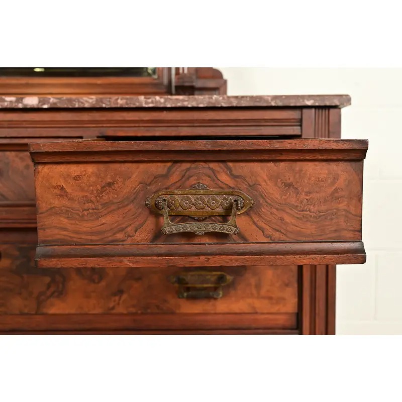 Herter Brothers Style Antique Eastlake Victorian Carved Burled Walnut Marble Top Dresser With Mirror, Circa 1880s - Image 7