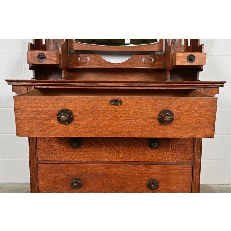 Liberty & Co. Antique English Mission Oak Arts & Crafts Vanity Dresser With Mirror, Circa 1900 - Image 7