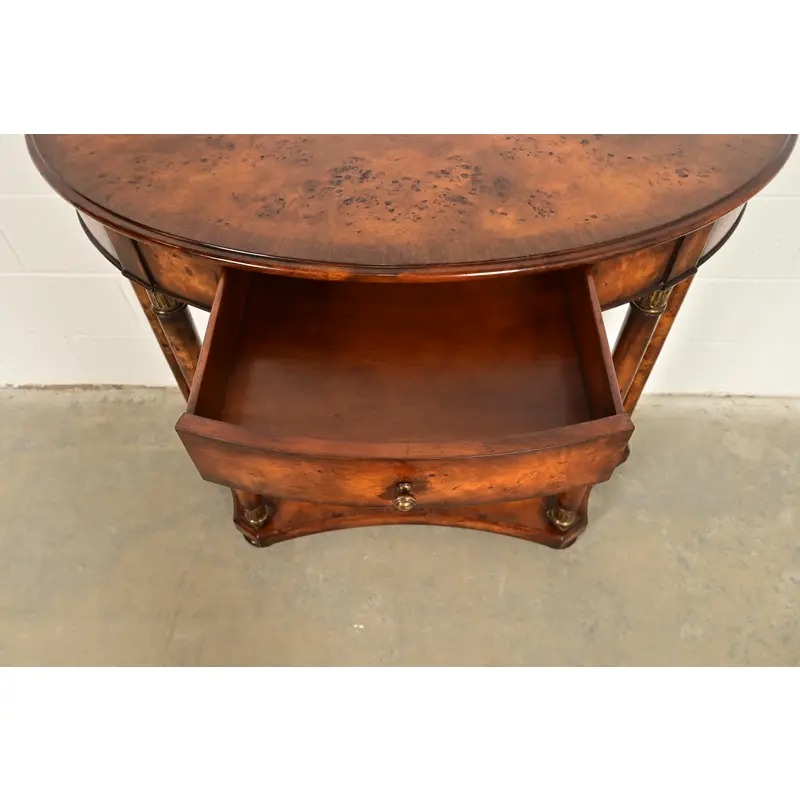 Maitland Smith Style French Empire Burl Wood and Gold Gilt Demilune Console Table - Image 7