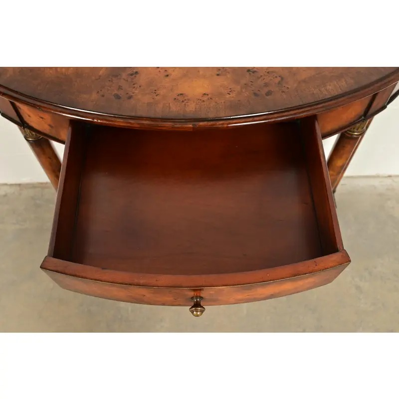 Maitland Smith Style French Empire Burl Wood and Gold Gilt Demilune Console Tables, Pair - Image 7