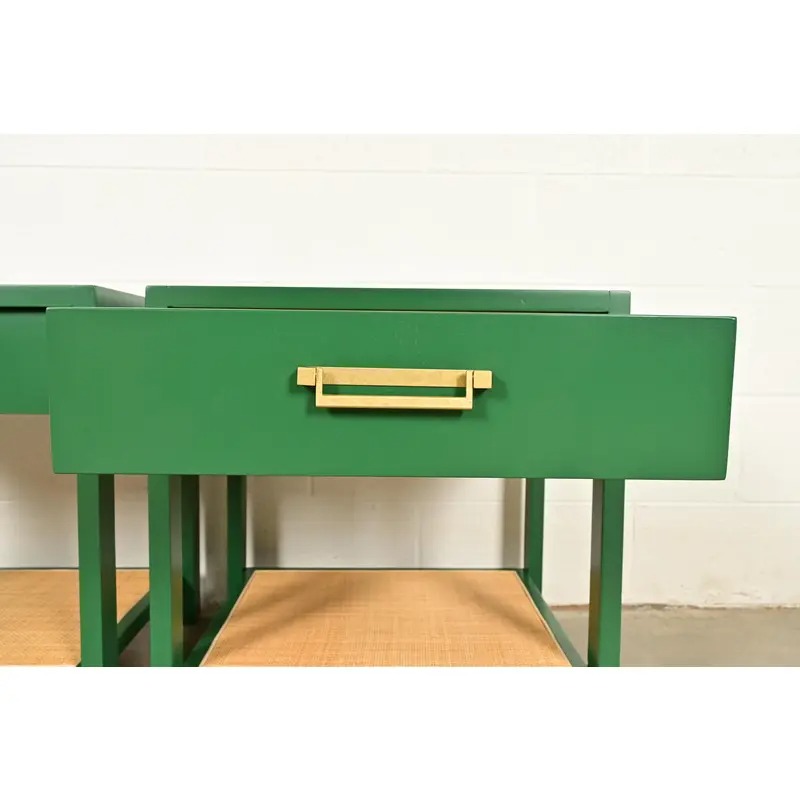 Michael Taylor for Baker Furniture Mid-Century Hollywood Regency Green Lacquer and Cane Campaign Nightstands, Newly Refinished - Image 7