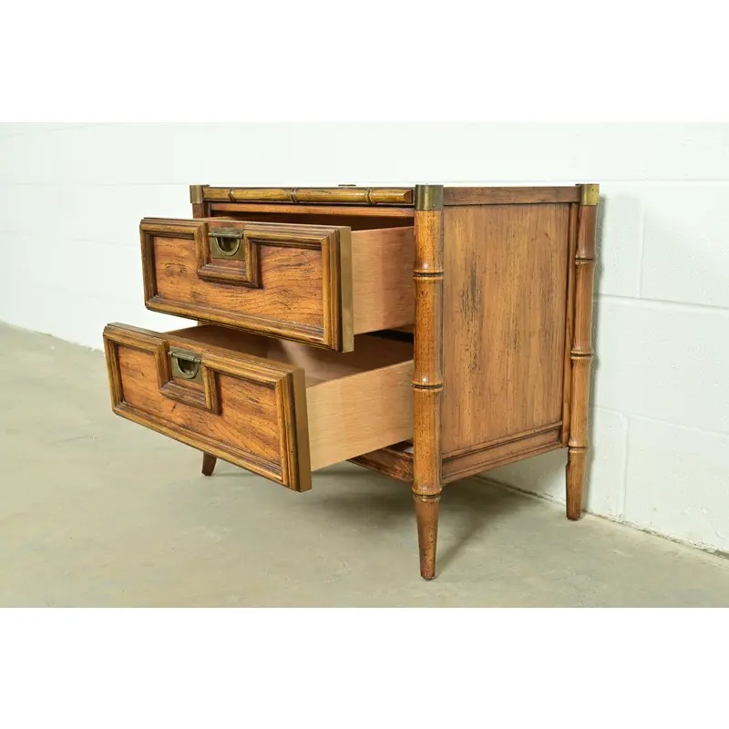 Mid-Century Hollywood Regency Campaign Carved Walnut Faux Bamboo Nightstand by Stanley, Circa 1960s - Image 7