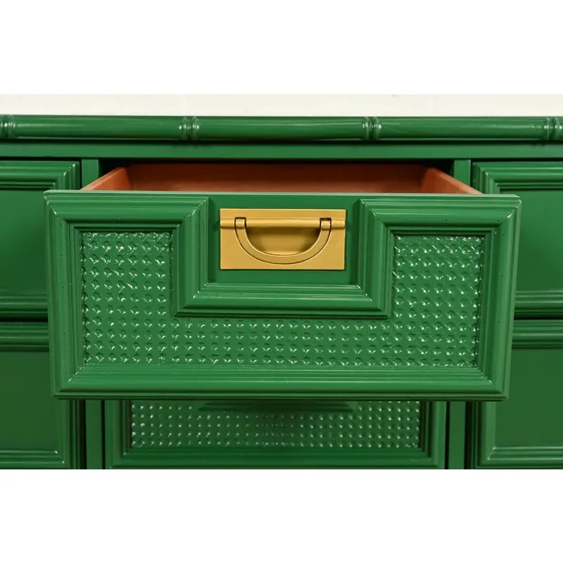 Mid-Century Hollywood Regency Campaign Green Lacquered Faux Bamboo Triple Dresser or Credenza by Stanley, Newly Refinished - Image 7