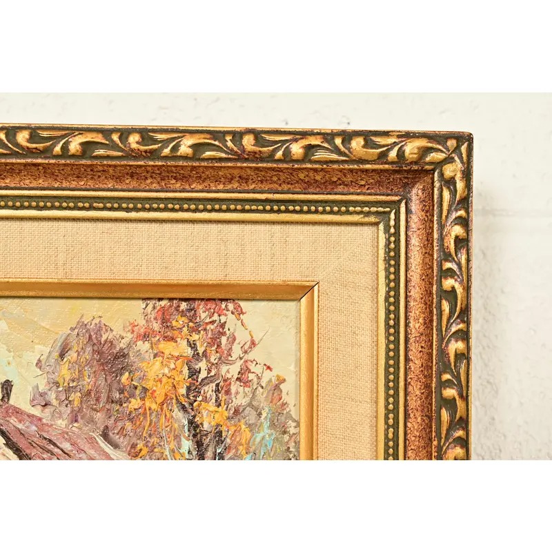 Original Artist Signed Impressionist Rural Landscape Oil on Canvas Painting of Cottage in Carved Giltwood Frame - Image 7