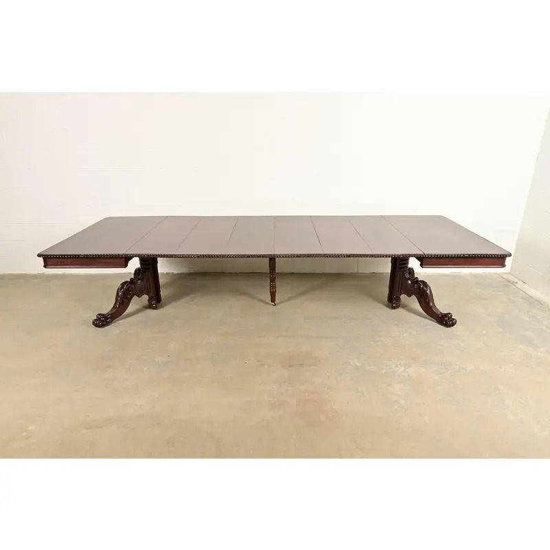 R. J. Horner Antique Victorian Carved Mahogany Split Pedestal Extension Dining Table With Lion Paw Feet, Newly Refinished - Image 7