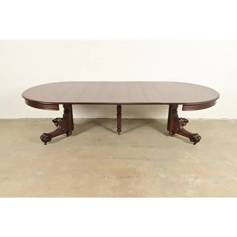 R. J. Horner Antique Victorian Carved Mahogany Split Pedestal Extension Dining Table With Lion Paw Feet, Newly Refinished - Image 7