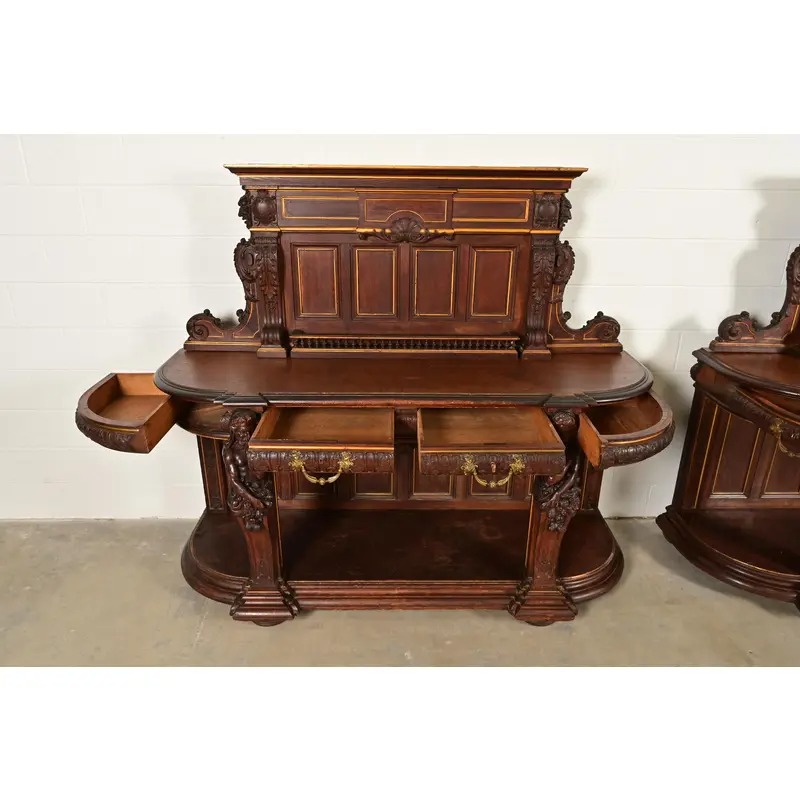 R. J. Horner Renaissance Revival Ornate Carved Oak Sideboards or Bar Cabinets, Circa 1880s - Image 7