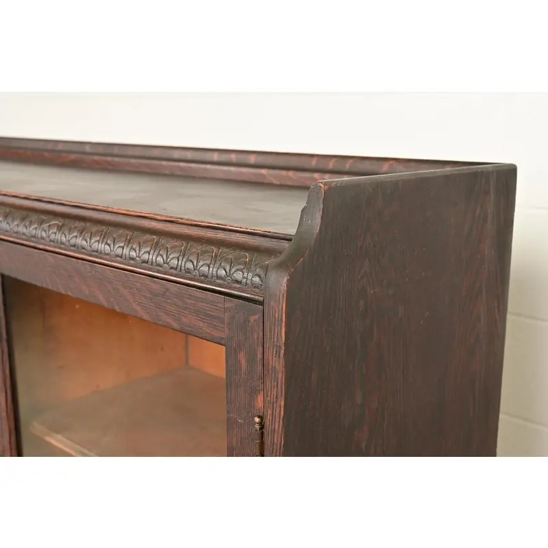 R. J. Horner Style Victorian Carved Oak Glass Front Triple Bookcase, Circa 1890s - Image 7