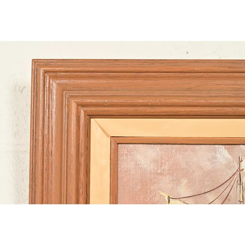 Rikard Lindström Original Signed Oil Painting on Canvas of Ships in Harbor in Carved Wood Frame - Image 7