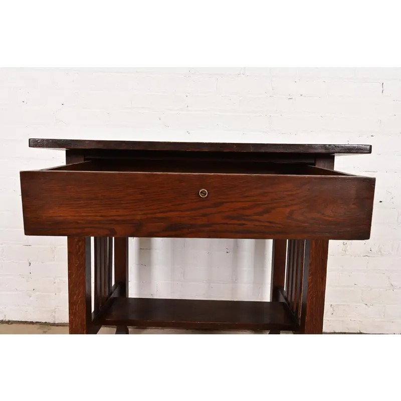 Stickley Brothers Style Antique Mission Oak Arts & Crafts Writing Desk or Library Table, Circa 1910 - Image 7