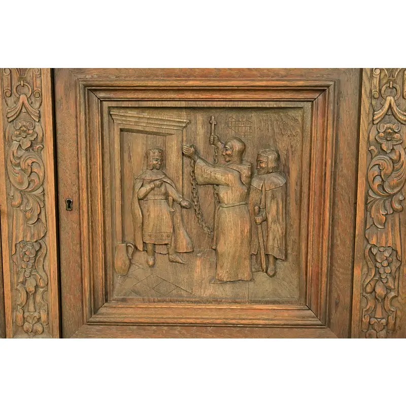 Antique Danish Renaissance Revival Carved Oak Sideboard or Bar Cabinet, Circa 1890s - Image 8