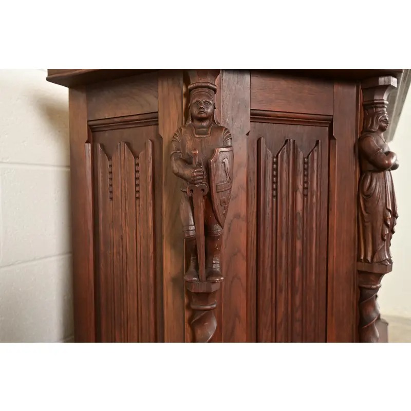 Antique French Gothic Revival Oak Bar Cabinet With Carved Figures, Circa 1890s - Image 8