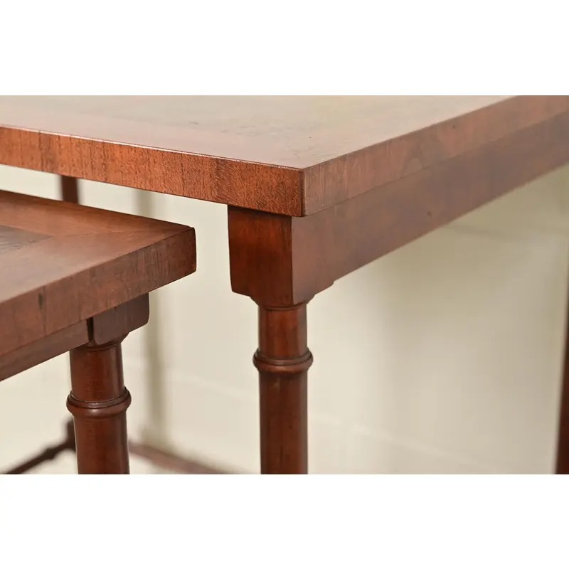 Baker Furniture English Regency Walnut and Burl Wood Parquet Top Nesting Tables, Pair - Image 8
