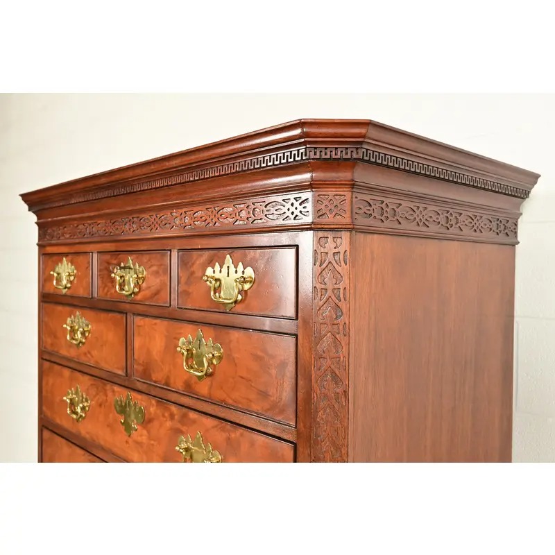 Baker Furniture Historic Charleston Chippendale Carved Mahogany and Burl Wood Eleven-Drawer Highboy Dresser - Image 8
