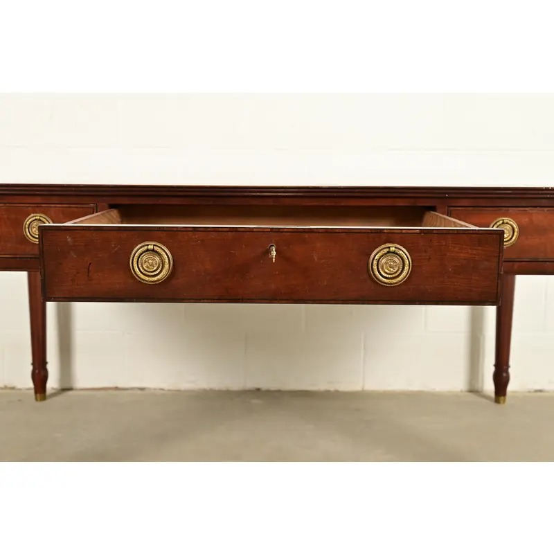 Baker Furniture Stately Homes Collection English Regency Carved Mahogany Leather Top Partner's Desk - Image 8