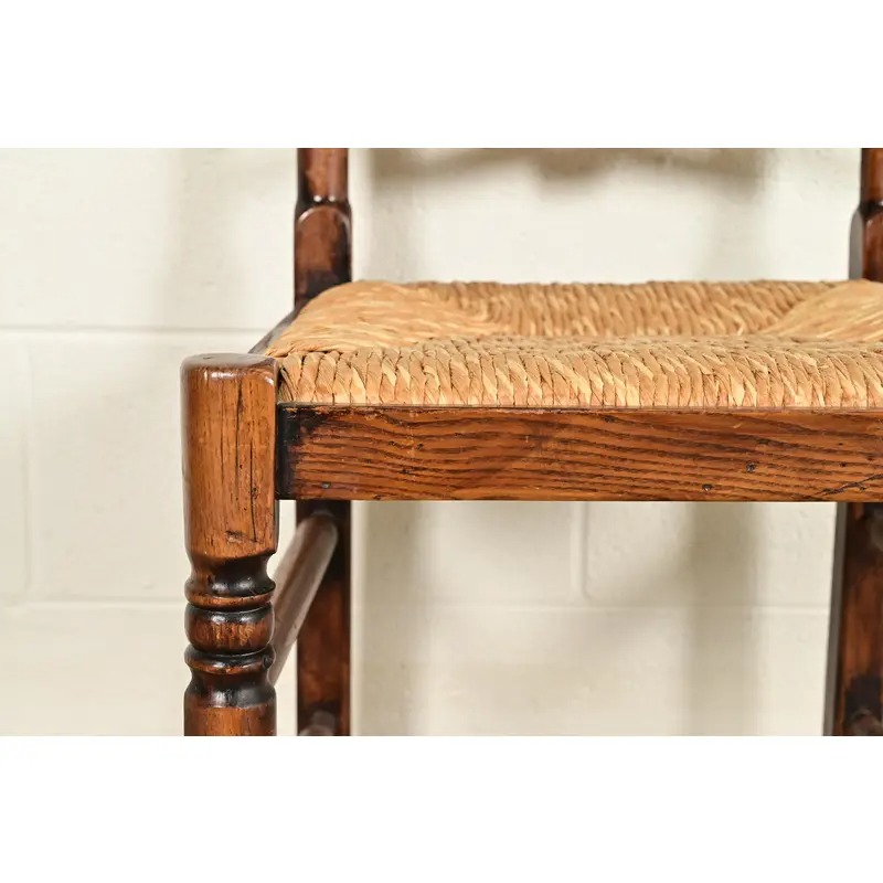 Baker Furniture Style English Country Rustic Carved Solid Oak Ladder Back Dining Chairs With Rush Seats, Pair - Image 8