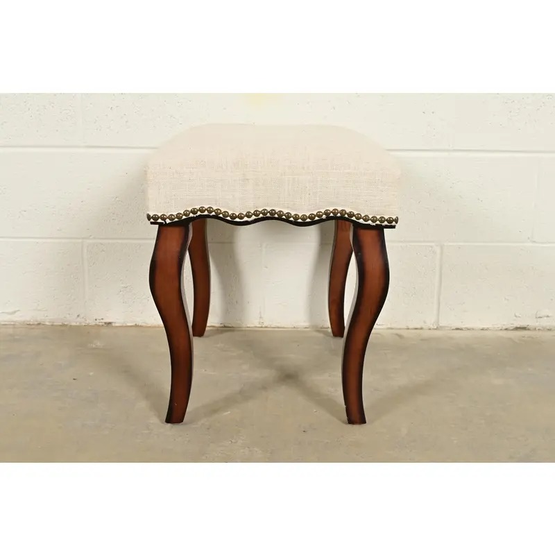 Baker Furniture Style French Provincial Louis XV Carved Mahogany Upholstered Stool or Ottoman - Image 8