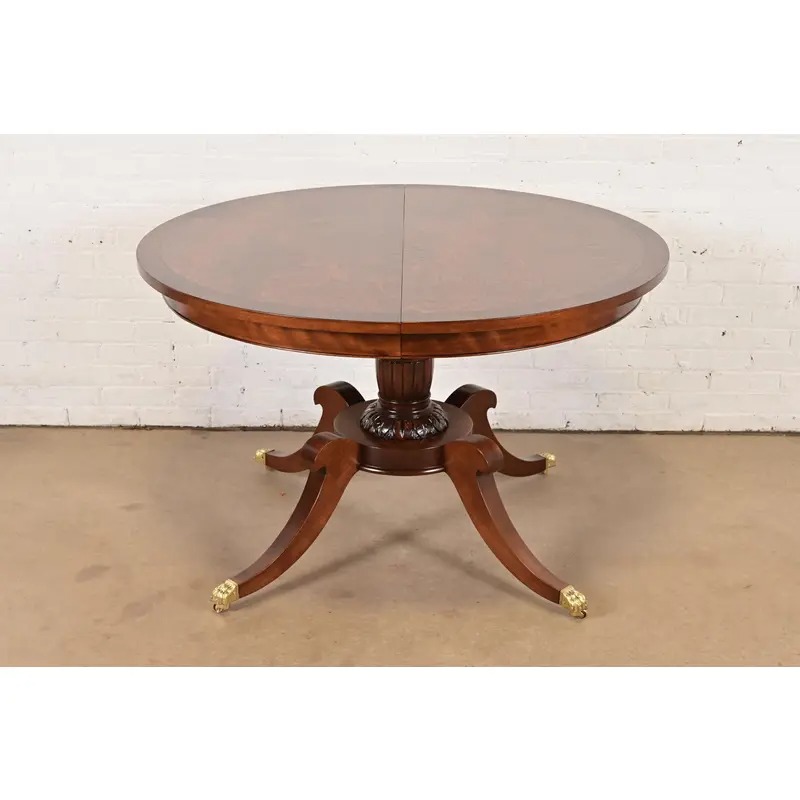 Baker Furniture Style Georgian Banded Mahogany and Burl Wood Pedestal Extension Dining Table, Newly Refinished - Image 8