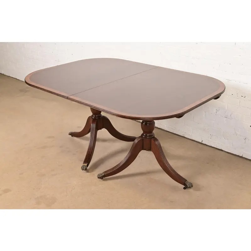 Baker Furniture Style Georgian Banded Mahogany Double Pedestal Extension Dining Table, Newly Refinished - Image 8
