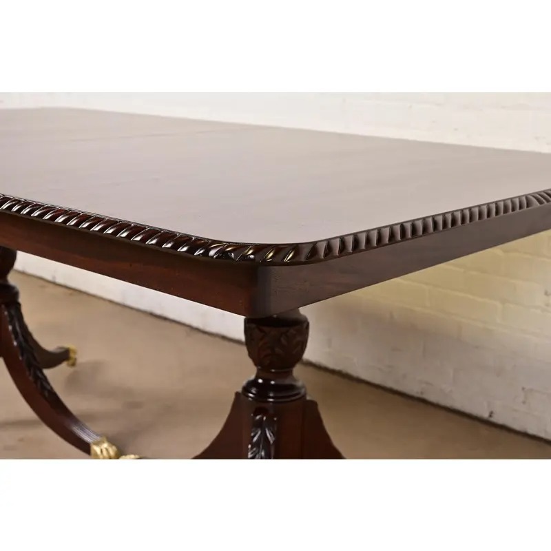 Baker Furniture Style Georgian Mahogany Double Pedestal Extension Dining Table, Newly Refinished - Image 8