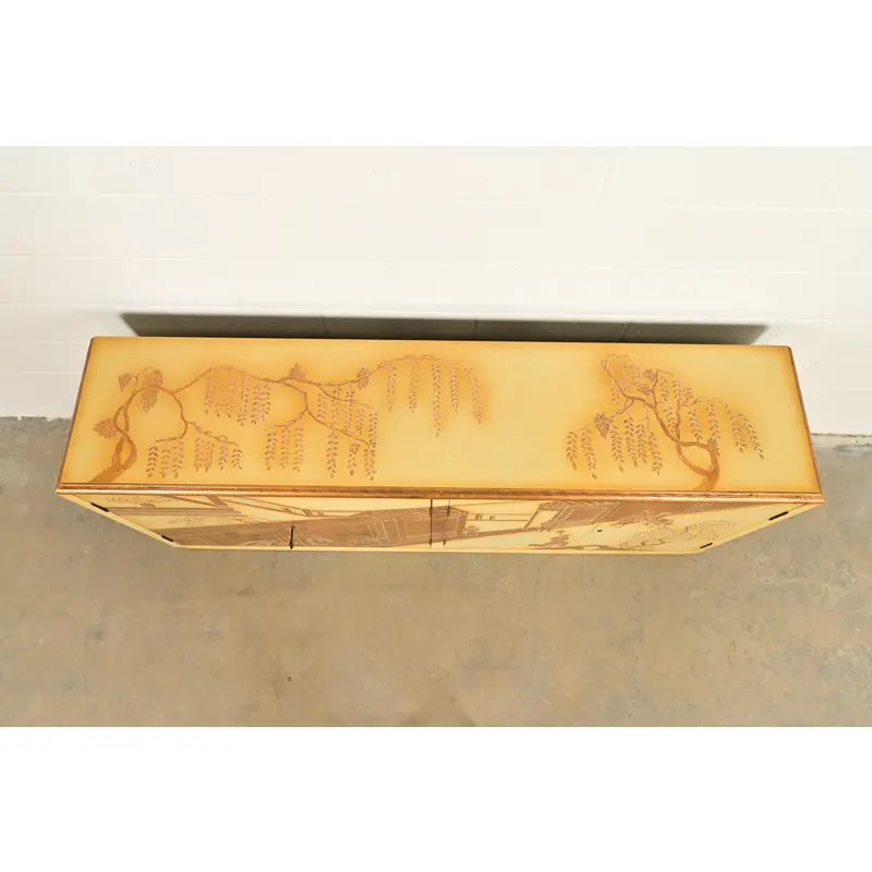 Baker Furniture Style Hollywood Regency Chinoiserie Hand-Painted Cream Lacquered Sideboard Credenza, Circa 1970s - Image 8