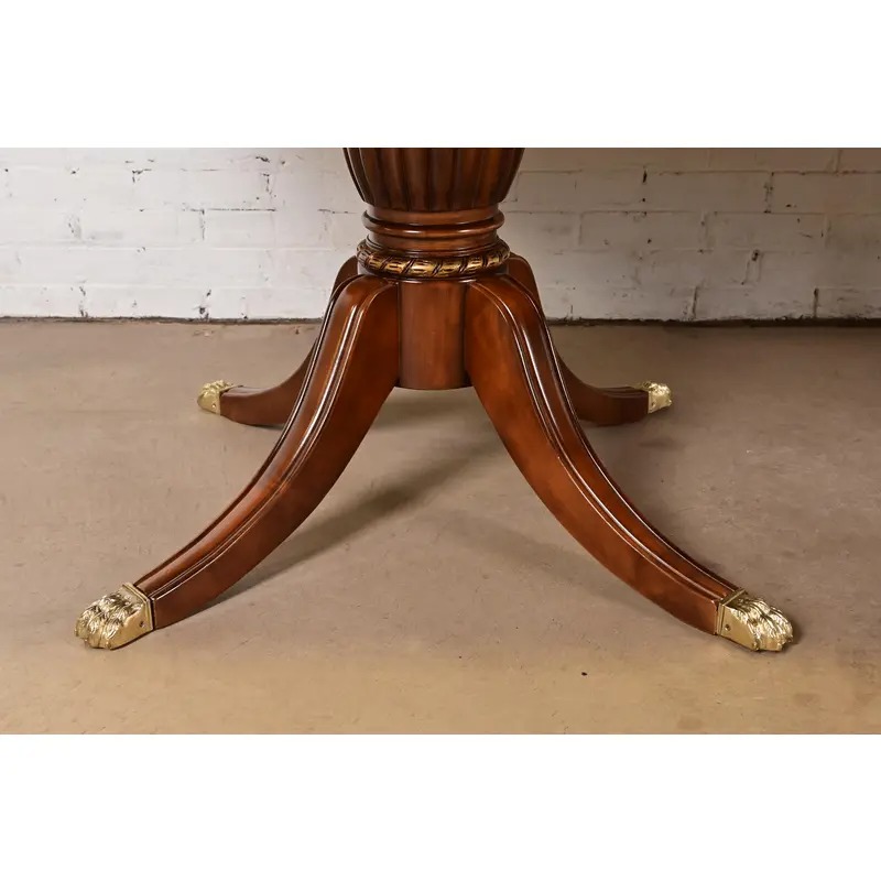 Baker Furniture Style Italian Regency Inlaid Banded Burl Wood Double Pedestal Dining Table, Newly Restored - Image 8