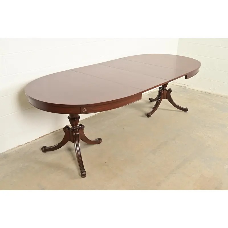 Baker Furniture Style Regency Mahogany Double Pedestal Extension Dining Table, Newly Refinished - Image 8