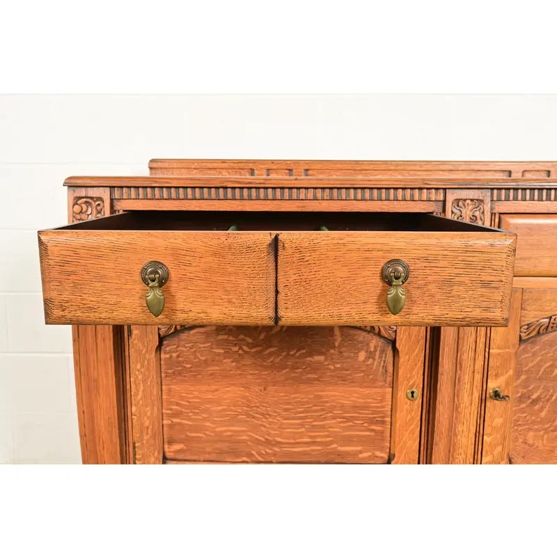 Berkey & Gay Style Antique English Jacobean Carved Oak Sideboard Buffet or Bar Cabinet, Circa 1920s - Image 8