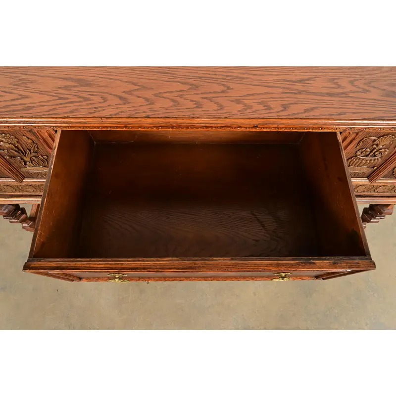 Early Romweber Antique English Jacobean Carved Oak and Burl Wood Sideboard, Circa 1900 - Image 8