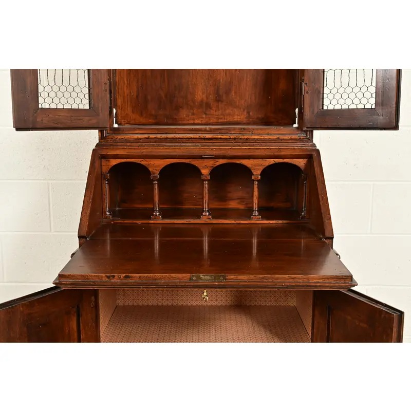Guido Zichele Style Italian Provincial Carved Walnut Drop Front Secretary Desk With Lighted Bookcase Hutch, Circa 1970s - Image 8
