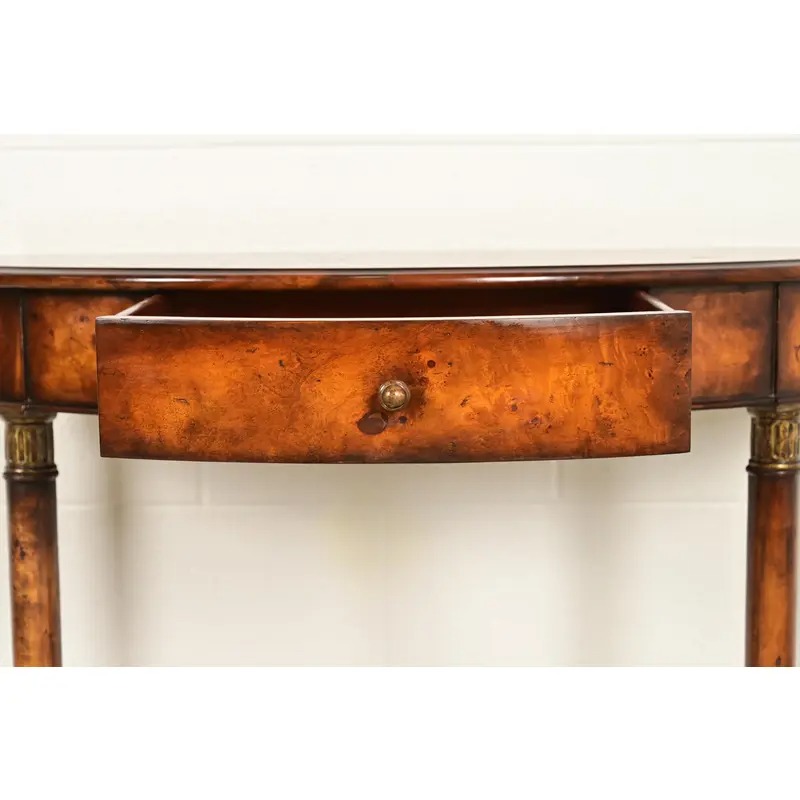 Maitland Smith Style French Empire Burl Wood and Gold Gilt Demilune Console Table - Image 8