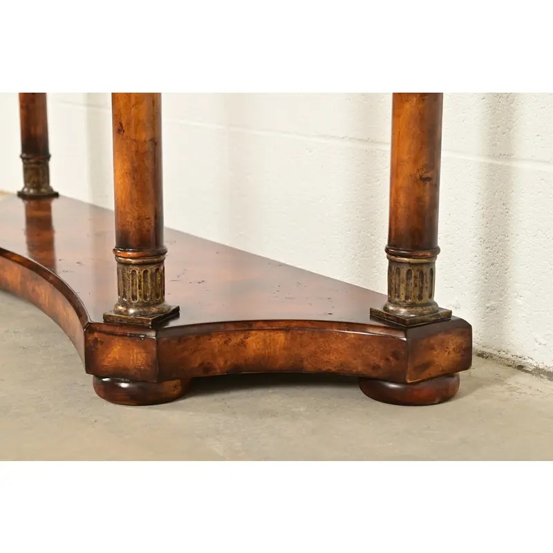 Maitland Smith Style French Empire Burl Wood and Gold Gilt Demilune Console Tables, Pair - Image 8