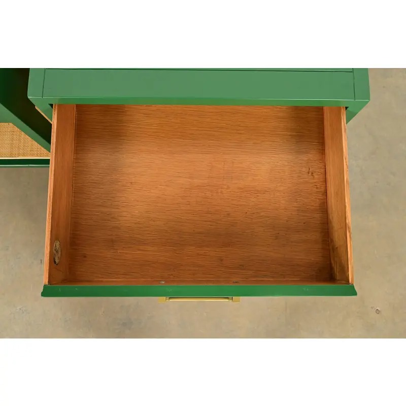 Michael Taylor for Baker Furniture Mid-Century Hollywood Regency Green Lacquer and Cane Campaign Nightstands, Newly Refinished - Image 8