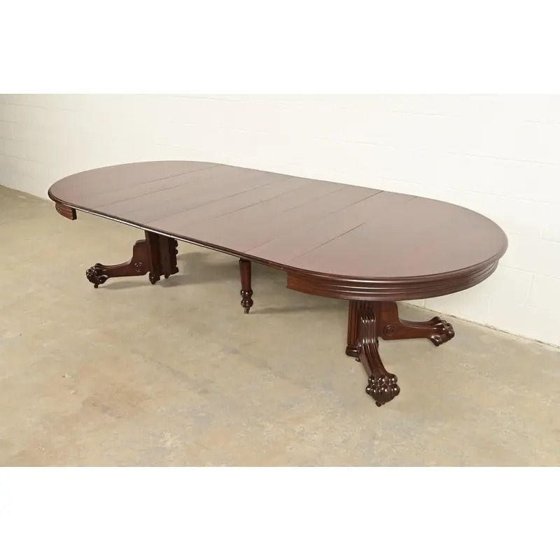 R. J. Horner Antique Victorian Carved Mahogany Split Pedestal Extension Dining Table With Lion Paw Feet, Newly Refinished - Image 8
