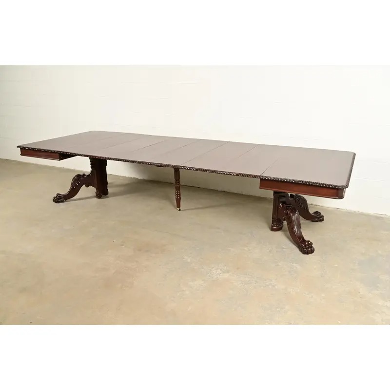 R. J. Horner Antique Victorian Carved Mahogany Split Pedestal Extension Dining Table With Lion Paw Feet, Newly Refinished - Image 8