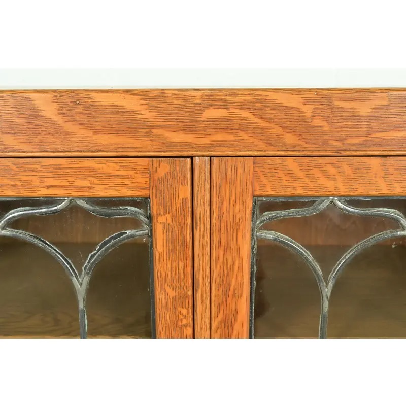 R. J. Horner Style Antique American Empire Carved Tiger Oak Double Bookcase Cabinet With Leaded Glass Doors, Circa 1890s - Image 8