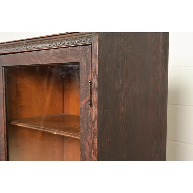 R. J. Horner Style Victorian Carved Oak Glass Front Triple Bookcase, Circa 1890s - Image 8