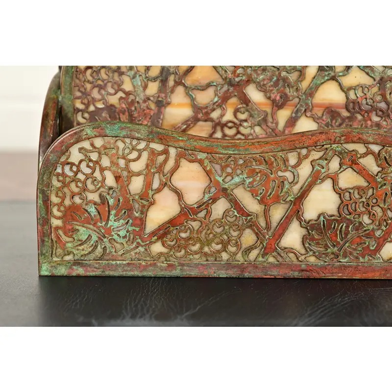 Tiffany Studios New York Grapevine Pattern Bronze and Favrile Slag Glass Letter Rack - Image 8