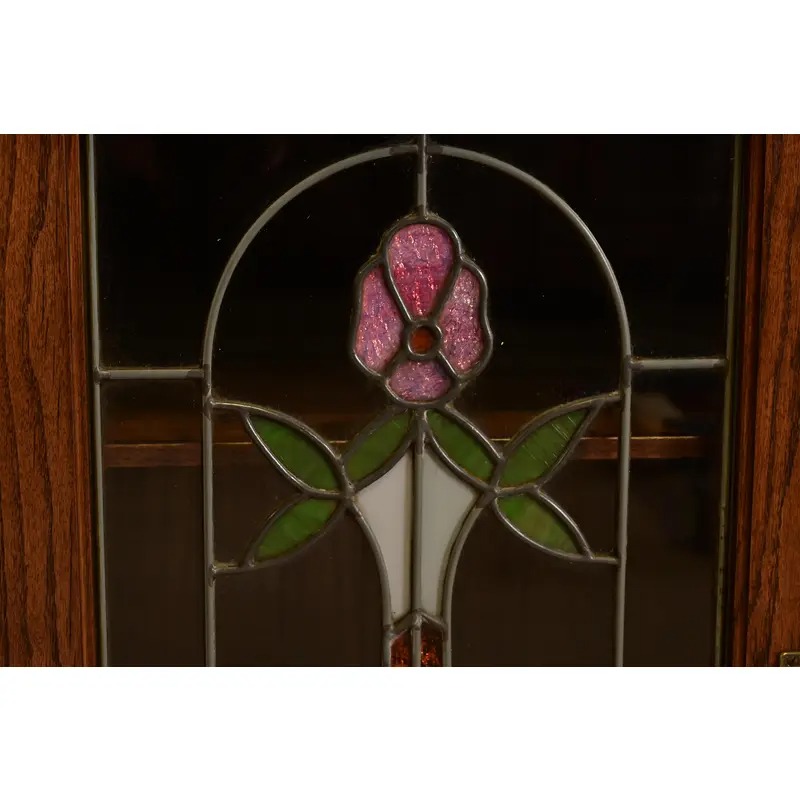 Antique Arts & Crafts Carved Oak Sideboard or Bar Cabinet With Stained Glass Doors, Newly Refinished - Image 9
