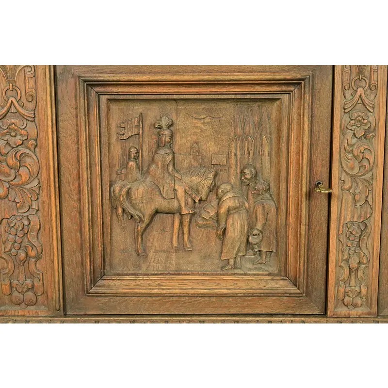 Antique Danish Renaissance Revival Carved Oak Sideboard or Bar Cabinet, Circa 1890s - Image 9