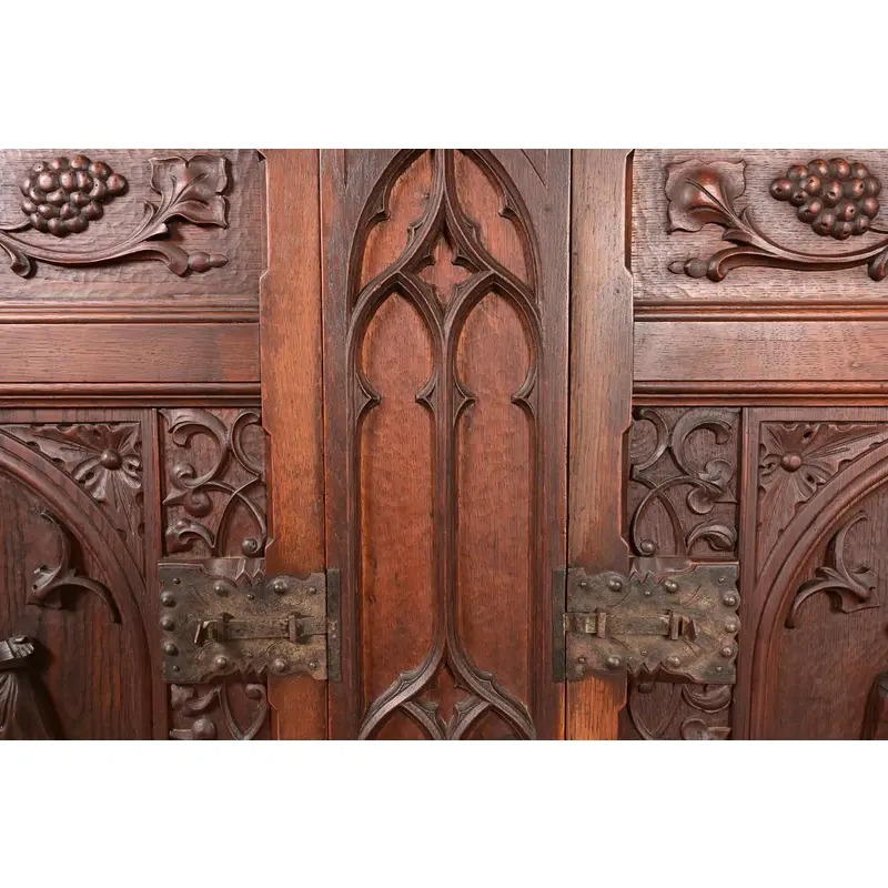 Antique French Gothic Revival Oak Bar Cabinet With Carved Figures, Circa 1890s - Image 9
